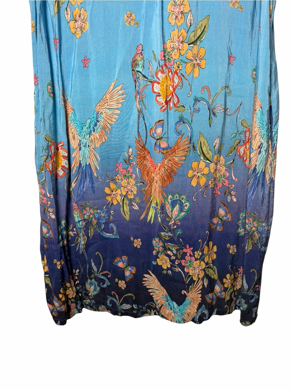 Linen Silk Bird Print Blue Ombre Boho Midi Dress XL - Picture 5 of 11